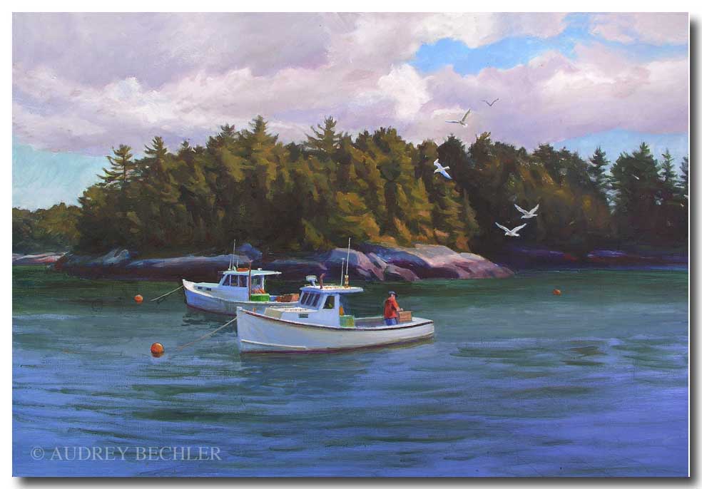 Moored Lobster Boats II, Acrylic, Audrey Bechler Eugene, ME