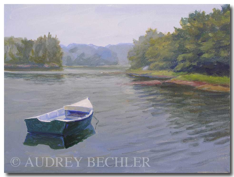 Boat in the Fog, Acrylic, Audrey Bechler Eugene, ME