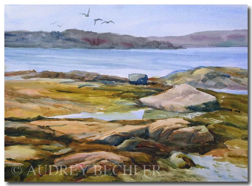 River Shore Rocks, April Day, Acrylic, Audrey Bechler Eugene, ME