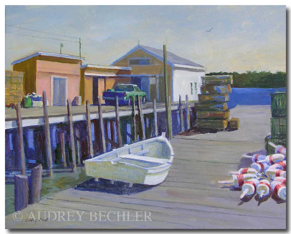 Skiff on the Dock, Acrylic, Audrey Bechler Eugene, ME