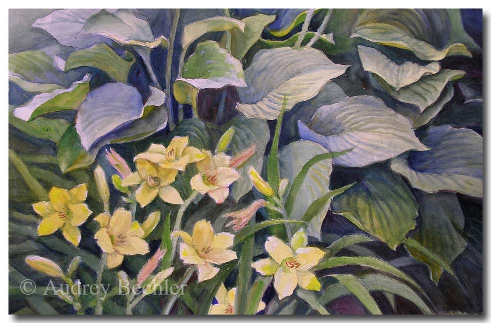 Lilies and Hosta          , Acrylic, Audrey Bechler Eugene, ME